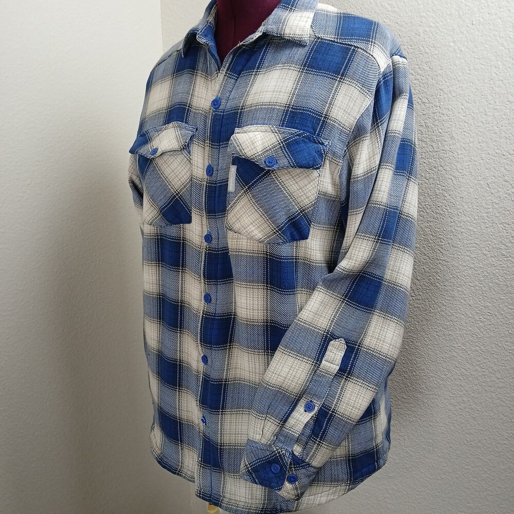 Columbia fleece-lined flannel shirt jacket mens M repaired blue white plaid